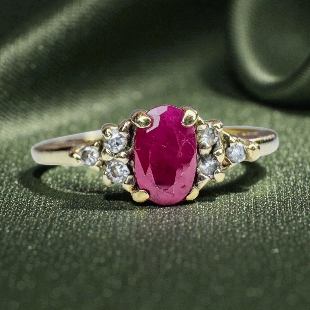VINTAGE- 10K Gold- Natural Burmese Ruby & Halo Diamond Ring- Size 5.25- Oval Cut